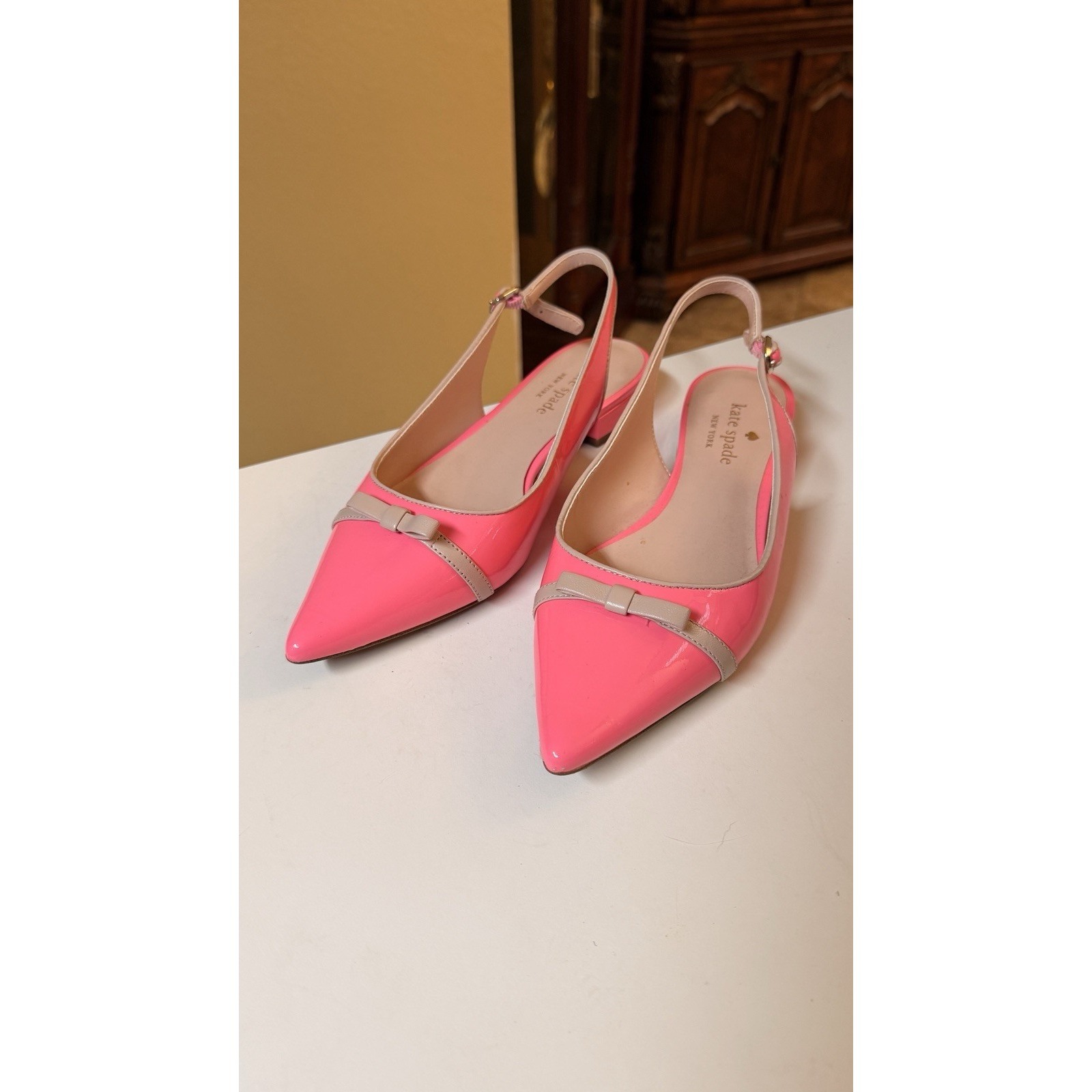 Kate Spade Antibes Slingback Flats Neon Pink Patent Bow Low Heel Womens 8b